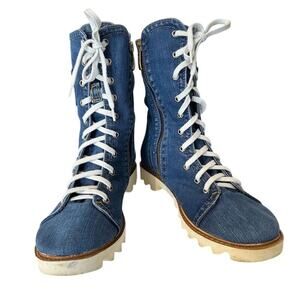 Ersax  Women's Handmade Denim Lace-Up Combat Boots Blue Ankle Casual size 9 - 40